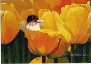 Toperfect オリジナルアート Painting - 黄色い花の小さな妖精 妖精オリジナル
